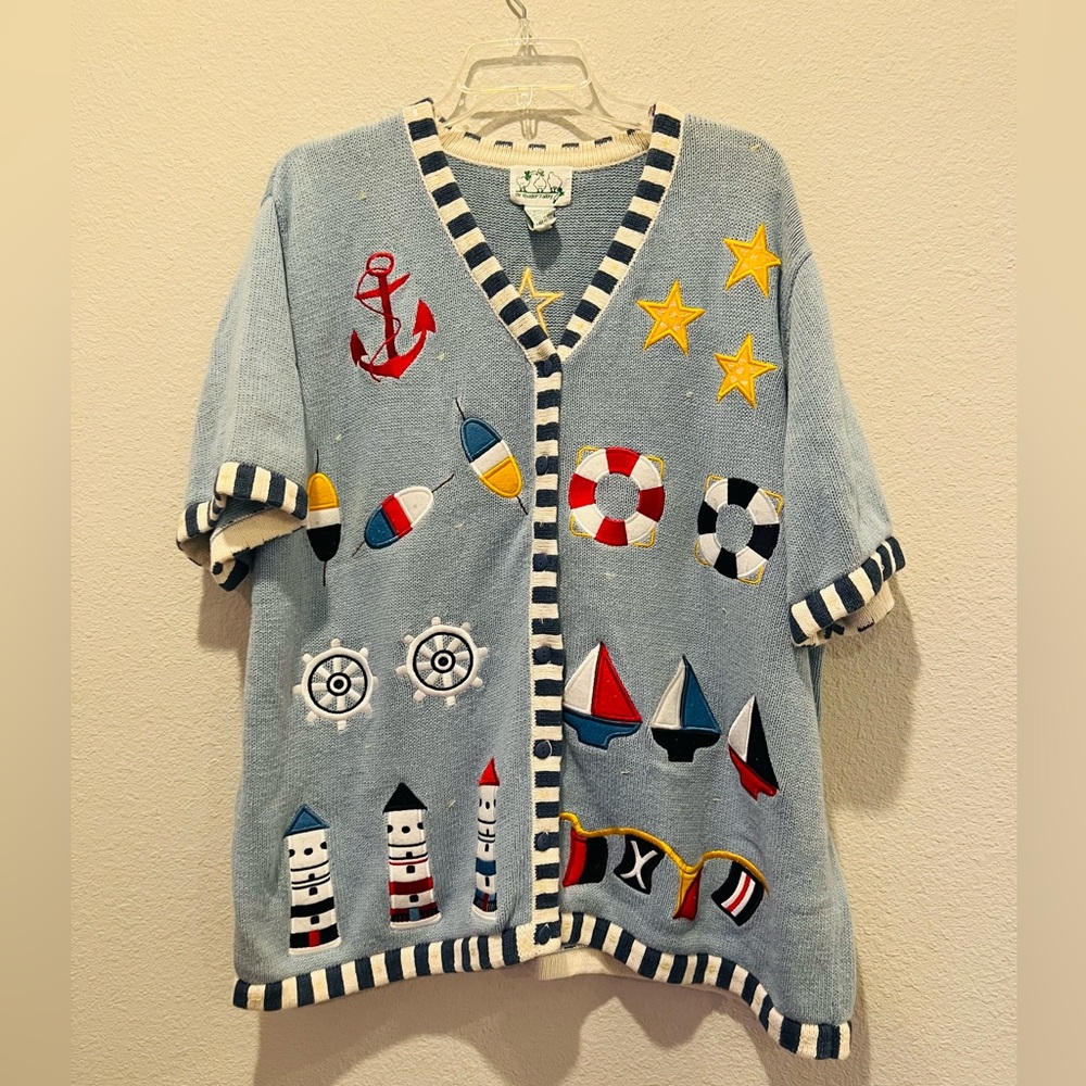Quacker Factory Cardigan Sweater Nautical Coastal Embroidered Short Sleeve Sz 2X
